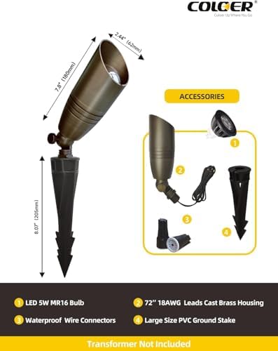 COLOER 4 Pack Brass Landscape Spotlights Outdoor with 5W MR16 Bronze(102B) - Image 4