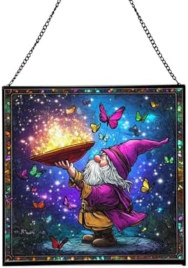 Magic Hat Gnome Stained Glass Suncatcher – Square Hanging Window Panel for Home or Greenhouse – Whimsical Glass Art Gift for Garden Lovers, Christmas, Halloween, Father Days 7Z3UEG by Custom
