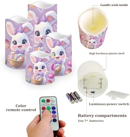 Rabbit and Easter Eggs Flameless Candles LED Pillar Candles Battery Operated Candles with Remote and Timers Color Changing Electric Fake Plastic Candles Easter Decor Set of 4 - Image 3