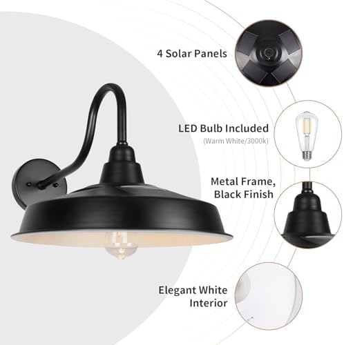 Solar Barn Light Outdoor, 16 Inch Dome Wall Light Solar Powered, Farmhouse Exterior Wall Sconce, Industrial Outside Lighting Fixture, Rustic Lantern for Garage, Barn, Shed, RZSR020W - Image 3