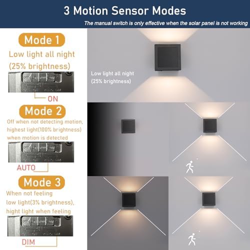 Solar Sconce Lights Outdoor, Motion Sensor, Dimmable Up and Down, Multiple Lighting Modes, Three Large Solar Panels, IP65 Waterproof for Yard Fence Patio Garage Porch, Modern Black Shell - Image 3