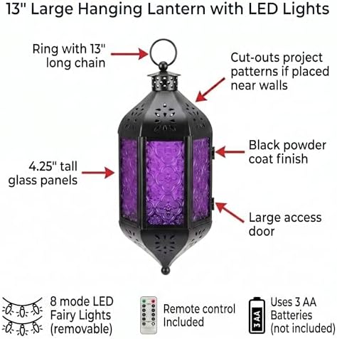 Vela Lanterns Hanging Moroccan Lantern with LED Twinkle Fairy Lights - Exotic Decorative Patio & Porch Decor, Indoor Outdoor Candle Lamp Holder with Chain (13" Large, Purple Glass) - Image 6