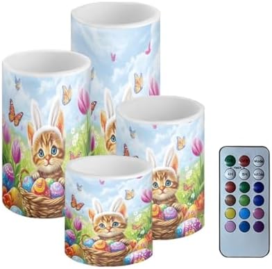 Easter Eggs Battery Operated Candles with Timers Cute Cat Flameless Candles with Remote Outdoor Lanterns for Porch LED Lights for Easter Day Party Home Decorations by Merkmak
