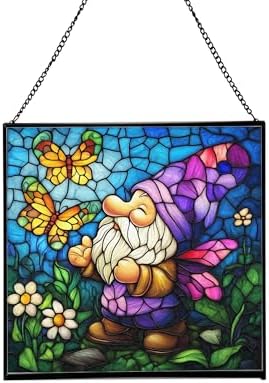 Butterfly Catcher Gnome Stained Glass Suncatcher – Square Hanging Window Panel for Home or Greenhouse – Whimsical Glass Art Gift for Garden Lovers, Christmas, Halloween, Father Days K7Li0G by Custom