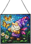 Butterfly Catcher Gnome Stained Glass Suncatcher – Square Hanging Window Panel for Home or Greenhouse – Whimsical Glass Art Gift for Garden Lovers, Christmas, Halloween, Father Days K7Li0G by Custom