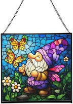 Butterfly Catcher Gnome Stained Glass Suncatcher – Square Hanging Window Panel for Home or Greenhouse – Whimsical Glass Art Gift for Garden Lovers, Christmas, Halloween, Father Days K7Li0G by Custom