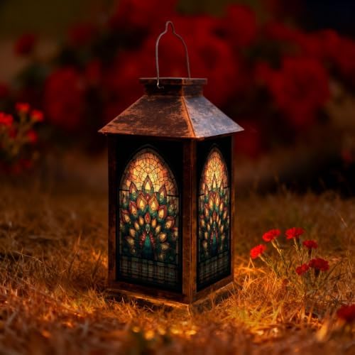 Solar Lantern Atomic Starburst Peacock Outdoor Waterproof Garden Hanging Lantern Solar Powered Lighting Outside Solar Light for Patio Yard Camping, Gifts for Women Mom by Unknown