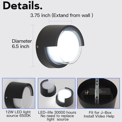 2-Pack Black Circular Aluminum Outdoor Wall Sconces - Image 2