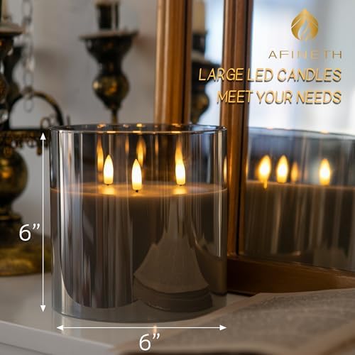 Extra Large Flameless Candles with 3 Wicks, 6"x6" Glass Battery Operated Candles with Remote, Real Wax Flickering LED Candles Fake Candle for Home, Wedding, Party, Gray - Image 2