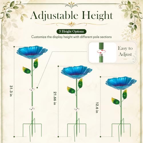 SiliFine 2 Pack Solar Bird Bath Fountain for Outdoors, Flower Metal Hummingbird Bath with Solar Fountain, Garden Bird Baths with 5 Stake Stand for Yard Lawn Patio Decor, 31.3" H x 10.63" Dia - Image 3