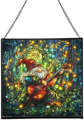 Stained-Glass Violin Gnome Stained Glass Suncatcher – Square Hanging Window Panel for Home or Greenhouse – Whimsical Glass Art Gift for Garden Lovers, Christmas, Halloween, Father Days TctXPF by Custom