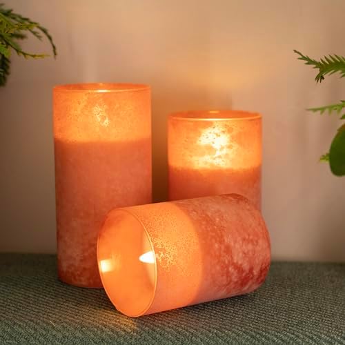 Flameless Candles Set of 3 Orange Glass LED Pillar Candle with Remote Timer - Image 3