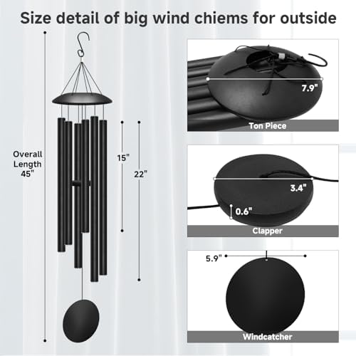 45" Large Wind Chimes for Outside, 6 Thick and Bold Aluminum Tubes (Black) - Image 2