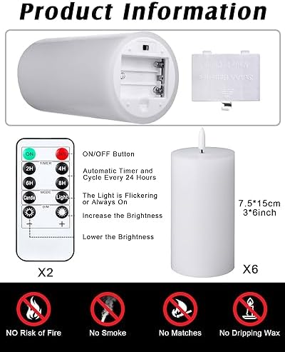 VIHOSE White Flameless Candles Set with Remote and Timer Flickering Flameless Battery Candles Flat Top LED Pillar for Wedding Outdoor Home Festival Decoration(D 3" H 6") - Image 2