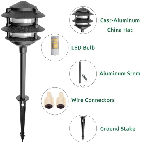 Lumina Lighting® Low Voltage Landscape Lighting Cast-Aluminum Pagoda Path and Area Light Warm White 4W G4 LED Bulb and ABS Ground Stake Included for Yard Walkway Lawn PAL0103-BkLED6 (Black,6-Pack) - Image 2