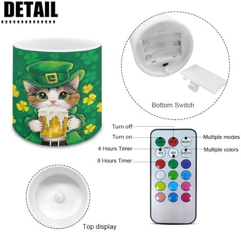 4 Pack Flameless Candles with 18-Key Remote Battery Operated Candles with Timer St Patrick's Day Flameless Pillar Tea Lights for Home Decorations, Cat Beer Shamrocks - Image 2