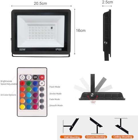 10pcs 50W LED RGB Flood Light Stage Lighting with US 3-Plug, Changing RGB Flood Lights with Remote Control, Dimmable Wall Washer Light 16 Colors 4 Mode for DJ Disco Party Garden Halloween - Image 5
