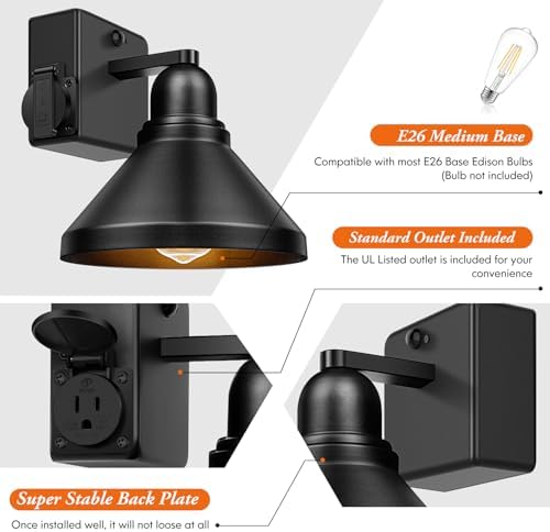 Brightever Motion Sensor Outdoor Wall Lights, Dusk to Dawn Porch Lights Outdoor Wall Sconces, Exterior Barn Lighting Fixtures with Outlet, Black Outside Lights for House, 2-Pack - Image 4