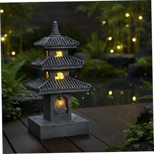 Pagoda Garden Statue, 10 Inch Weatherproof Solar Garden Decor, LED Light Zen Japanese Lantern for Backyard Balcony Patio Lawn Yard, Grey Pagoda Statue - Image 6