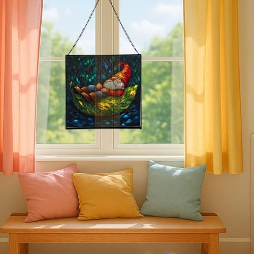 Floating Leaf Gnome Stained Glass Suncatcher – Square Hanging Window Panel for Home or Greenhouse – Whimsical Glass Art Gift for Garden Lovers, Christmas, Halloween, Father Days 1YKS2t - Image 5