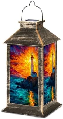 Solar Lantern Sunset Stained Glass Lighthouse Outdoor Garden Hanging Lantern Waterproof Solar Powered Lighting Outside Table Lamp for Deck Yard Camping Patio Decor by Unknown