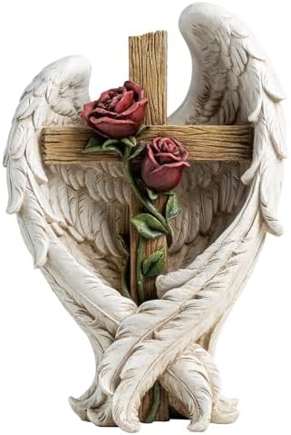 12" Angel Wings Embracing Cross and Rose Garden Statue Memorial Statue for Beloved one by ShineOnAngel