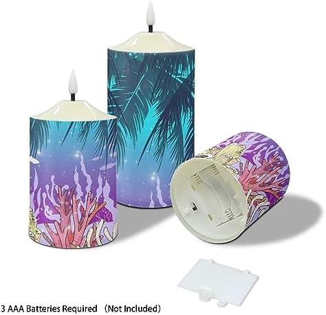 Cozeyat Flickering Flameless Candles with Timer, Seaweed Palm Leaf Scenery Print Flameless LED Candles Set of 3, Unscented Flameless Bullet Floating Candles for Party Decoration - Image 3