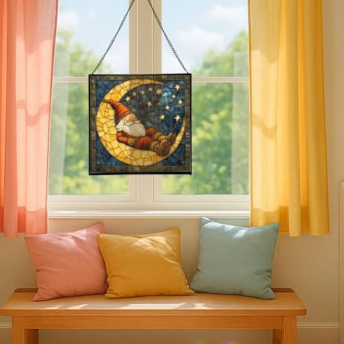Crescent Moon Gnome Stained Glass Suncatcher – Square Hanging Window Panel for Home or Greenhouse – Whimsical Glass Art Gift for Garden Lovers, Christmas, Halloween, Father Days OF6pkY - Image 5