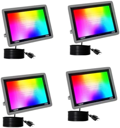 100W RGB LED Floodlight Outdoor 4pcs, Smart RGBCW Flood Lights Colorful with Bluetooth WiFi APP Control Spotlight Color Changing Dimmable Party Lights for DJ Disco Party Garden Halloween Stage by Unknown