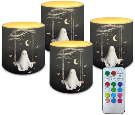 4Pcs Flameless Candles with Remote Halloween Moon Ghost Battery Operated Candles with Timer Pillar Tea Lights Bulk for Indoor Outdoor Banquet Party Home Decoration by Merkmak