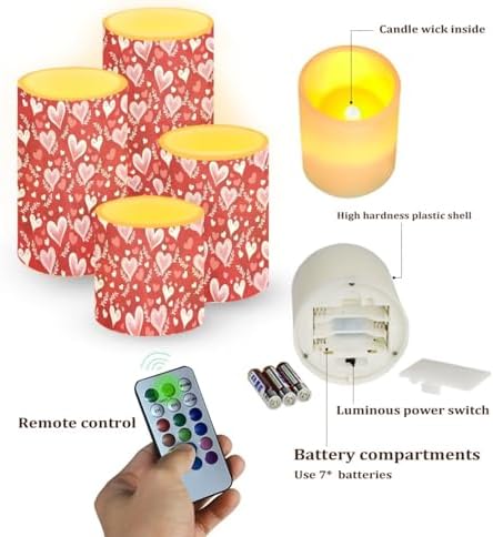 4 Pack Battery Operated Candles with Timer and Remote Flameless Candles Valentine's Day Heart Leaves Print LED Lights for Home Decorations Outdoor Lanterns for Porch - Image 6