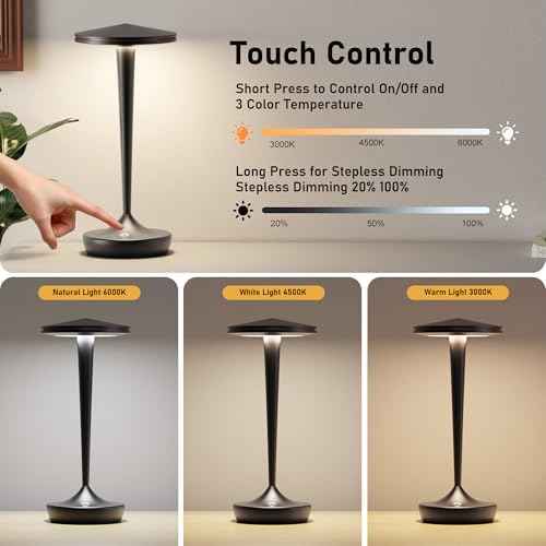 YHT Cordless Table Lamps Rechargeable for Restaurant (2 Black) - Image 3