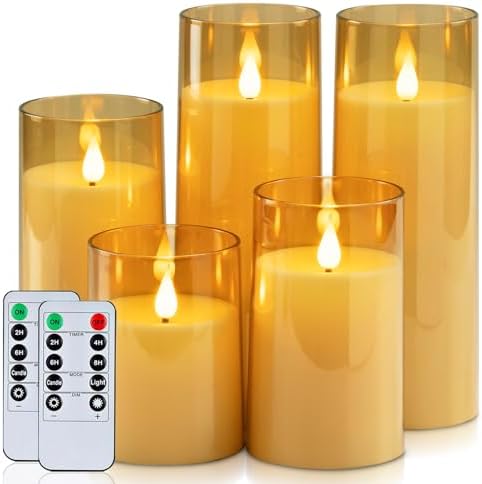 Homemory Amber Flickering Flameless Candles, Battery Operated Acrylic LED Pillar Candles with Remote Control and Timer, Fall Candles, Set of 5 by Homemory