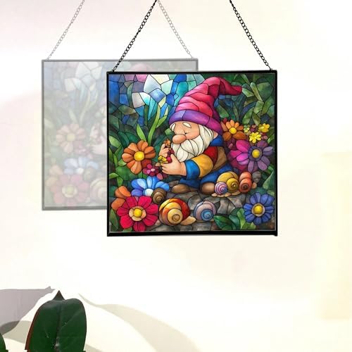 Gnome and Snail Friends Stained Glass Suncatcher – Square Hanging Window Panel for Home or Greenhouse – Whimsical Glass Art Gift for Garden Lovers, Christmas, Halloween, Father Days MKtJDN - Image 4