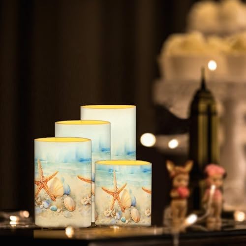4 Pack 5.7" x 3" Battery Operated Candles with Timer Flameless LED Candles with Remote for Outdoor Porch Electric Fake Plastic Pillar Lights Bulk, Coastal Starfish - Image 3
