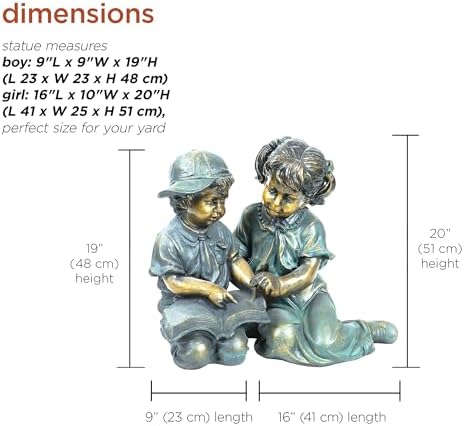 Alpine Corporation GXT258A Outdoor Finely Sculpted Boy and Girl Reading Book Garden Statue, 19"H, Bronze - Image 3