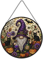 Stained Glass Halloween Gnome Witch Suncatcher, Pumpkin Black Cat Spider Bat Circular Panel, Spooky Fall Season Window Hanging Ornament - Image 5