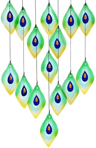 Handmade Peacock Feathers Glass Wind Chimes – Sea Glass Garden Windchimes for Outside, Hand-Painted Glass Suncatcher, Durable - Image 3