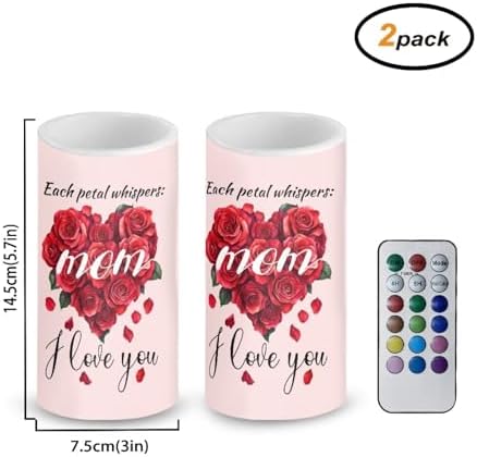 Rose Love Heart Flameless LED Candles Set of 2 with 18 Key Remote Control Timer Pillar Candles Each Petal Whispers Mom I Love You Mother's Day Gifts - Image 2