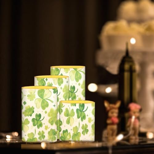 Pack of 4 St Patrick's Day Flameless Candles Bulk with Remote Watercolor Shamrocks Battery Operated Candles with Timer Flickering LED Elictric Pillar Lights for Holiday Decorations - Image 3