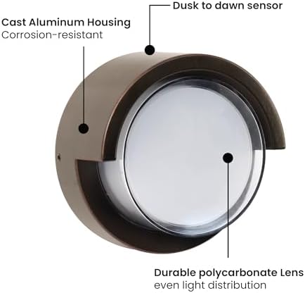 Feit Electric Outdoor LED Wall Sconce, Round Wall Mount Light Fixture, Dusk-to-Dawn, 5000K Daylight, Hardwired, Bronze Finish, Polycarbonate Lens, 50,000-Hour Lifetime, S5RWM/850/DD/BZ - Image 7