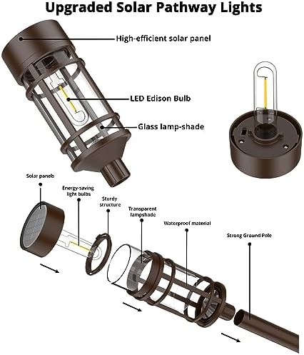 ILANCK Solar Pathway Lights Outdoor Solar Lights 8 Pack Metal & Glass Design - Waterproof Auto On/Off Bright Long-Lasting Garden Landscape Lighting Walkway Driveway - Image 6