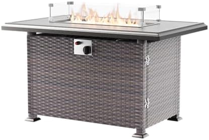 43" Wicker Outdoor Propane Gas Fire Pit Table with Rectangle Fire Pit Lid,55000 BTU Auto-Ignition Table Fire Pit w/Glass Wind Guard, Glass Rock for Outdoor,ETL Certified by Halmuz