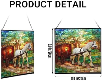 White Shire Horse Pulling Wagon at Twilight Square Suncatcher – Stained Glass Style Window Panel with Pastoral Scene, Custom Decorative Hanging Art for Equestrian Home, Christmas meyEOR - Image 2
