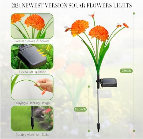 Solar Garden Lights, 8 Pack Solar Swaying Bee Lights with Flowers, Waterproof Firefly Light Outdoor for Garden Patio Yard Pathway Fall Decoration, Gifts for Women Mother's Day - Image 2