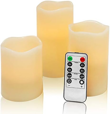 Flameless Flickering LED Battery Candles :Set of 3 Ivory Real Wax Pillar Operated Fake Faux Lights with Remote Control and Timer Function Flicker Candle for Decoration Christmas Votive Garden Outdoor by JUNPEILEDTEACANDLES