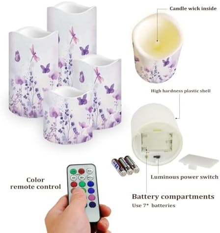 Floral Butterfly Flameless Light Candles with Timer Remote Control Battery Operated Candles with Color Changing Fake Electric Pillar Candle Tea Lights Home Table Indoor Beach Decoration - Image 3