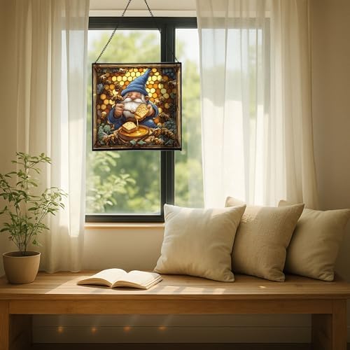 Honey Gnome Feast Stained Glass Suncatcher – Square Hanging Window Panel for Home or Greenhouse – Whimsical Glass Art Gift for Garden Lovers, Christmas, Halloween, Father Days BRew6v - Image 7