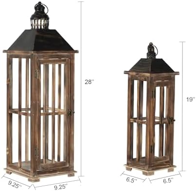 Large Farmhouse Wooden Decorative Lantern Set of 2, Rustic Distressed Brown Burnt Wood Floor Candle Lanterns, Indoor/Outdoor Hanging Lanterns for Home Decor (No Glass) - Image 4