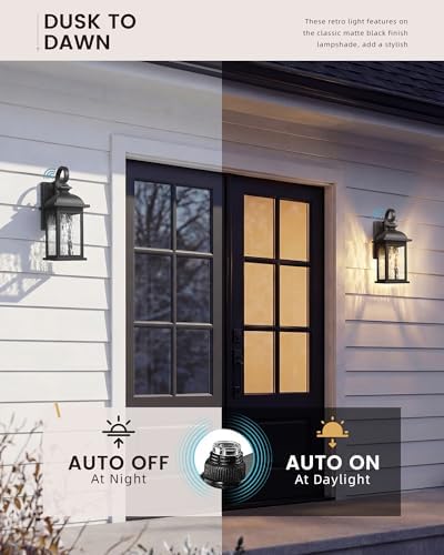 FEMILA Dusk to Dawn Exterior Wall Sconce, 15" Front Porch Light Fixtures Wall Mount for Patio, Garage, Garden, UL Listed, Matte Black Water Ripple Glass, 4FD54B-PC BK-WP - Image 2